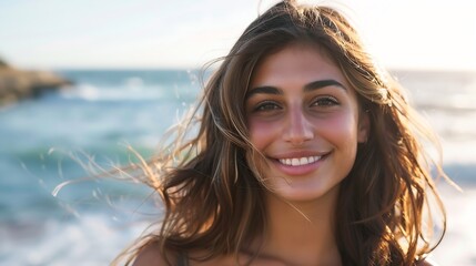 Portrait of young woman at sea looking at camera Smiling latin hispanic girl standing at the beach with copy space and looking at camera Happy mixed race girl in casual outfit with win : Generative AI