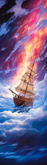 Galaxies collide in the DreamDimension, igniting bursts of lightning as a majestic ship sails through the cosmic expanse - obrazy, fototapety, plakaty
