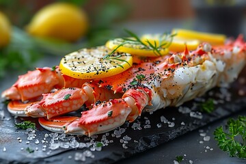 Cooked crab legs with lemon and herbs on a black slate plate
