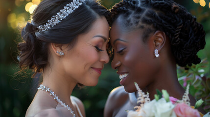 Romantic intimate photo of same sex wedding, two women in love, lesbian, biracial, LGBTQ, flowers and white dresses, landscape format