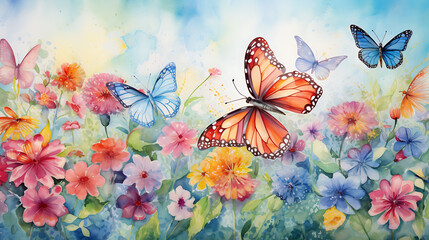 Create a watercolor background capturing the delicate beauty of a butterfly garden, with various species fluttering among the flowers