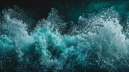 A sudden burst of turquoise and teal powder, capturing the essence of a tropical sea wave crashing against a night sky, with each grain of powder detailed and vivid.