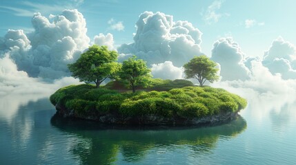 A relaxing illustration of a verdant island in the clouded sky, above the sea. Overall. The island indicates the abundance of grass and plants.