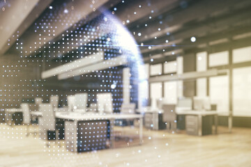 Multi exposure of abstract graphic world map hologram on a modern furnished office interior background, connection and communication concept