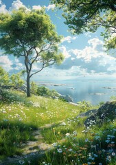 Rocky Coast With Trees And Flowers