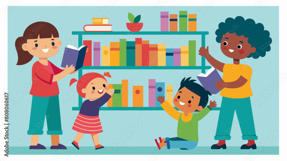 Poster a shelf filled with colorful picture books attracting the attention of a group of toddlers who eager