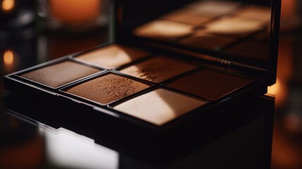 A close-up photograph of a contour palette with shades of bronzer and highlighter arranged in sleek packaging, ready for sculpting and defining facial features - Powered by Adobe