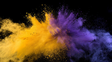 A sudden cloud of bright yellow and deep purple powder, contrasting sharply against a black background, symbolizing the collision of day and night in a spectacular display.
