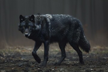 Black wolf (Canis lupus) in the dark forest