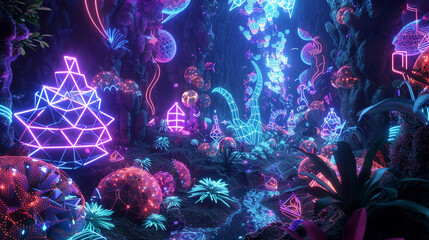 A surreal garden where the flora and fauna are composed of geometric shapes and fractal patterns, pulsating with neon lights, 