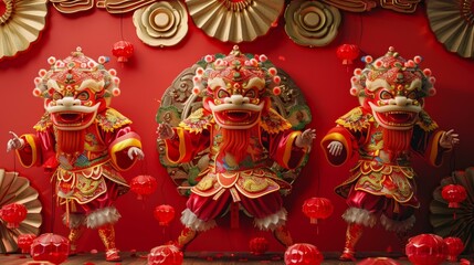Obraz premium Three people in lion costumes perform a traditional Chinese lion dance.