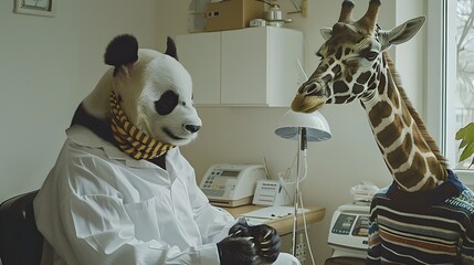 Panda Doctor Counsels Giraffe Patient A of Animal Medical Care Generative ai