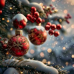 Christmas ornaments hanging on a snowy tree