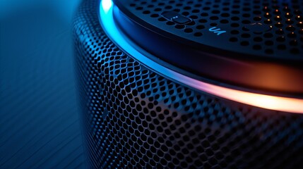 A close-up photograph of a Bluetooth speaker with its sleek design and glowing indicator lights,...