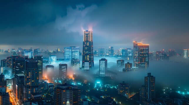 Roppongi skyline, Mori Tower, Izumi Garden Tower, Roppongi Hills, Tokyo Midtown, None, Roppongi Hills, Mohri Garden, Illuminated art installations, Nightlife crowd, expats, Foggy