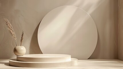 A serene and elegant presentation featuring soft natural light casting shadows across a minimalist stage with subtle earth tones and delicate pampas grass for product showcase