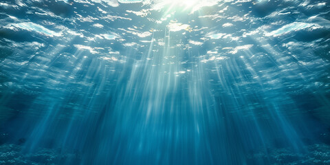 a blue ocean, view from the bottom looking up, underwater, misty light shining through above water surface