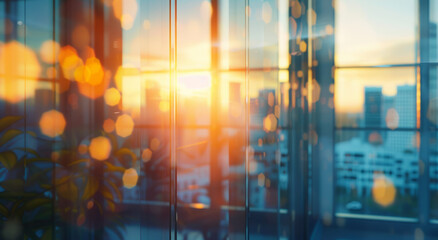 City, flare and window of office building at sunrise for start of business, corporate or professional work in morning. Architecture interior, light and view through glass of urban town in summer