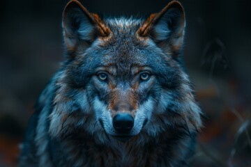 Close-up portrait of a wolf in the forest at dusk