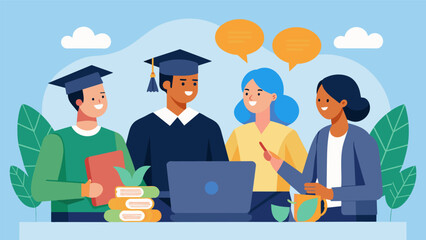A panel of successful and financially savvy graduates sharing their tips and tricks for managing their money during college while inspiring fellow. Vector illustration