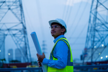 A man wearing a yellow vest and a hard hat is holding a white drawing. He is standing in front of a...