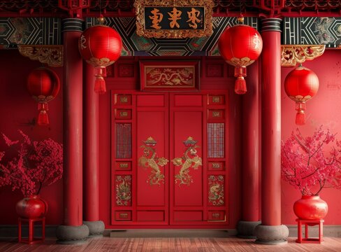 Chinese style red gate with red lanterns and peach blossom