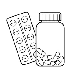 Clear glass medicine bottle with pills and pills blister. Isolated outline Illustration on white background