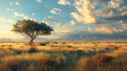 A vast savannah stretching out to the horizon, dotted with acacia trees and teeming with wildlife...