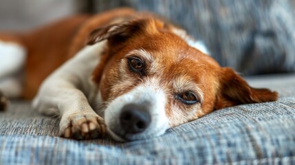 A dog laying on a couch with its head resting in the crook of an arm, AI