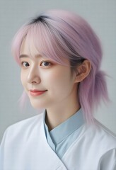 Beautiful asian woman with pink hair and white coat on gray background