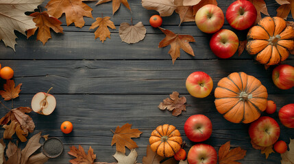 A seasonally themed wooden backdrop with pumpkins, apples, and autumn leaves perfect for showcasing fall and harvest concepts