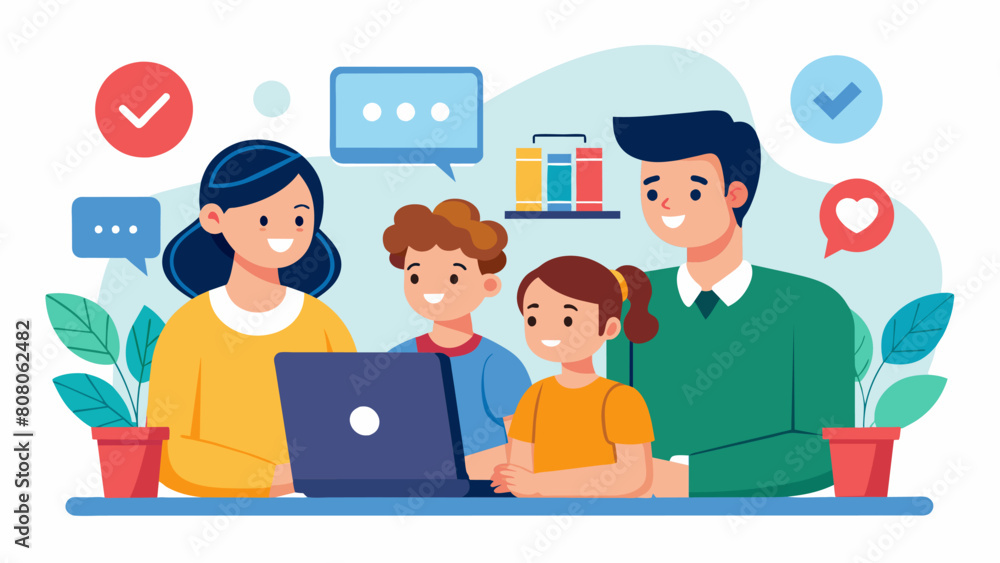 Poster a family sitting around a computer screen looking at various online education options trying to dete
