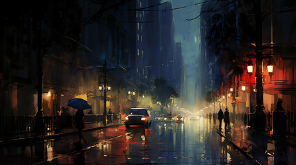 Create a watercolor background capturing the essence of a rainy city street at night