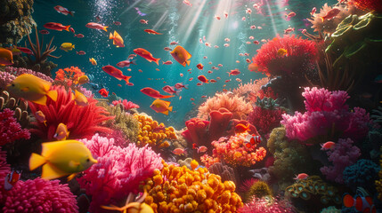 A vibrant coral reef teeming with exotic fish and otherworldly creatures, a mesmerizing underwater...