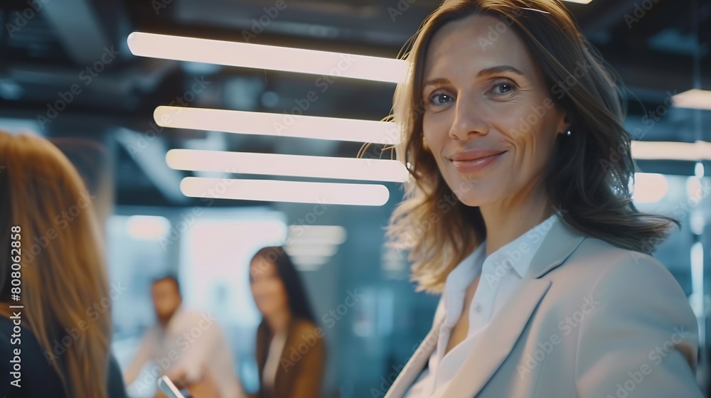 Poster smiling confident business leader looking at camera and standing in an office at team meeting portra