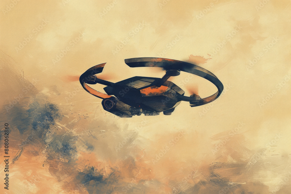 Poster a painting depicting a flying object gliding through the sky with clouds in the background