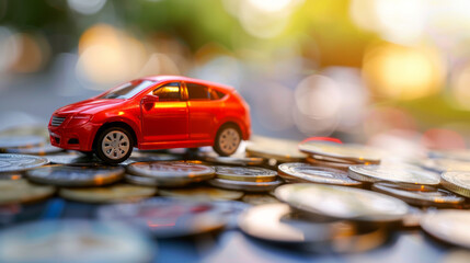 A toy car on a road of coins symbolizing the cost of vehicles