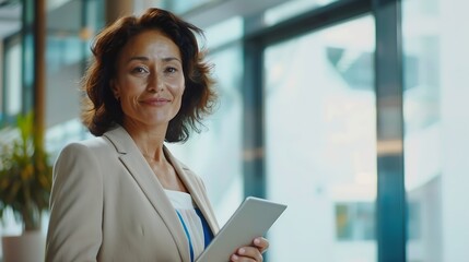 Obraz premium Latin Hispanic mature adult professional business woman looking at camera and smiling European businesswoman CEO holding digital tablet using fintech tab application standing at workpl : Generative AI