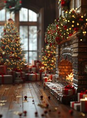 Fototapeta premium Christmas living room interior with decorated Christmas tree, gifts and fireplace