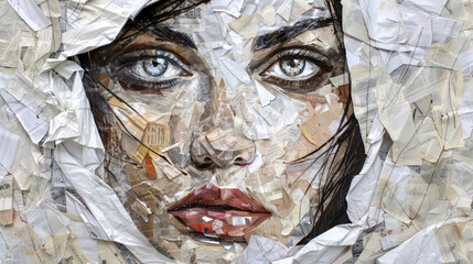A painting depicting a womans face overlaid with torn paper, creating a unique mixed-media effect
