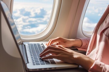 A young woman is working on her laptop while flying in an airplane.
