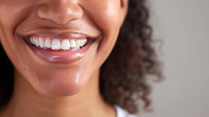 Fototapeta premium Close up face of young woman with beautiful smile isolated on grey wall with copy space Successful multiethnic girl Latin woman looking at camera against gray wall with a big whitening : Generative AI