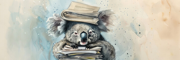 A painting of a koala standing upright and holding a stack of books in its paws