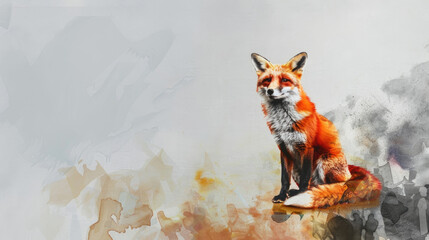 Obraz premium A painting depicting a red fox perched on a rock, with a detailed focus on the foxs fur and the texture of the rock