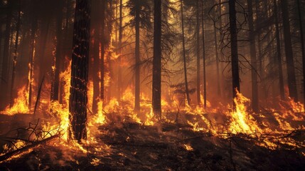 Close-up of flames engulfing trees in a forest, illustrating the intensity of a wildfire