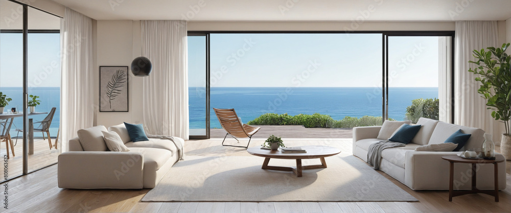 Poster ai-generated rendering of elegant coastal apartment with panoramic sea view and characteristic frenc
