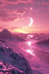 landscape in 3d render style, pink and purple color different texture sand and ground, glittering,...