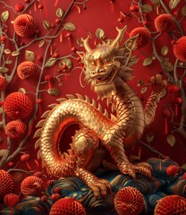 Obraz premium Golden dragon statue sitting on a pedestal with red and gold decorations