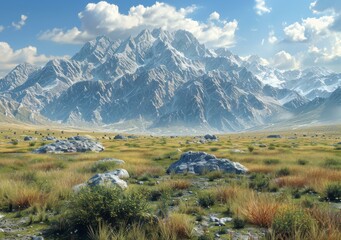 High Mountain and Green Grassland