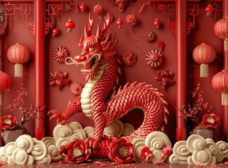 Fototapeta premium 3D rendering of a red dragon with red and gold decorations